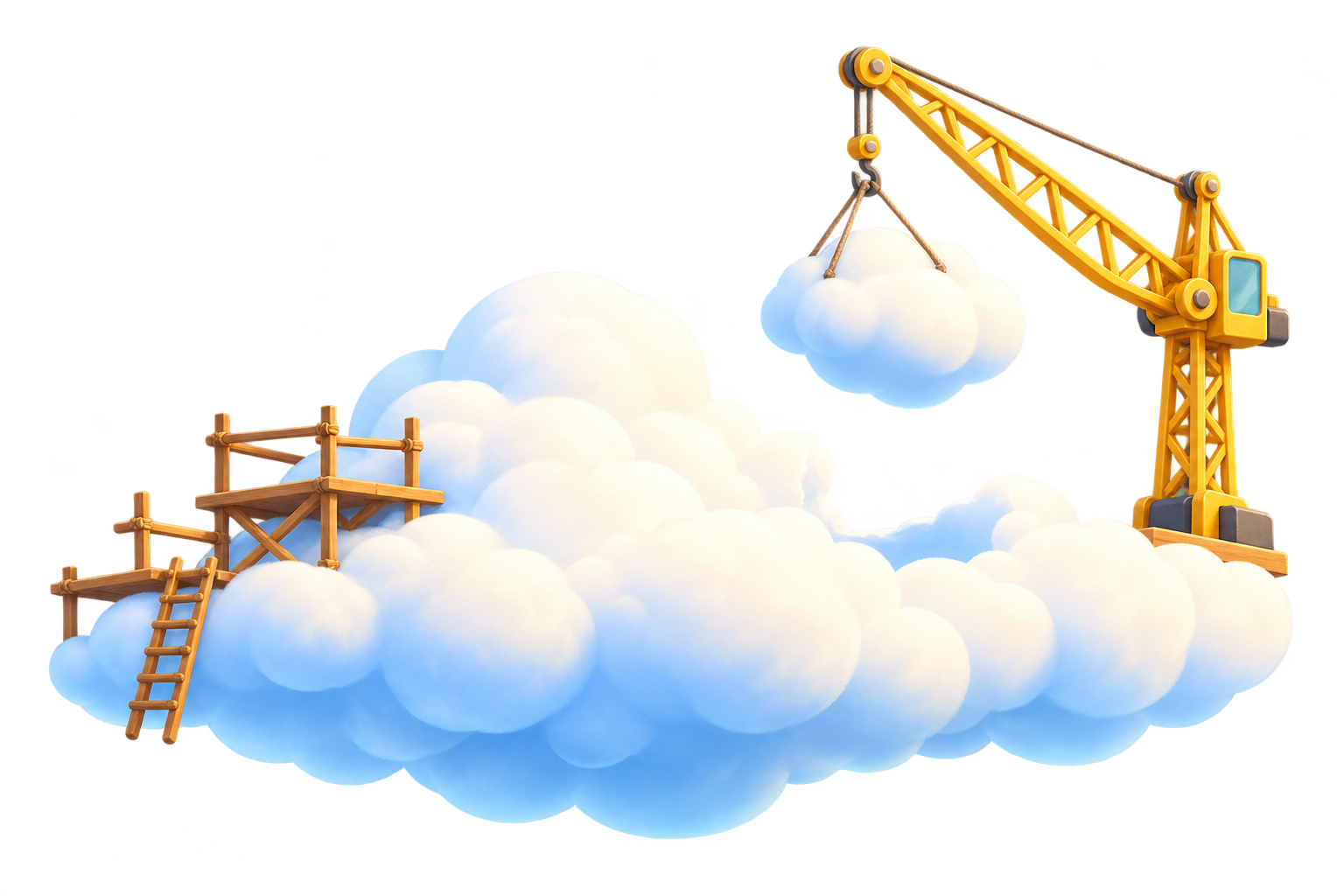 A fluffy cloud under construction, with a small crane lifting the next cloud piece into place.